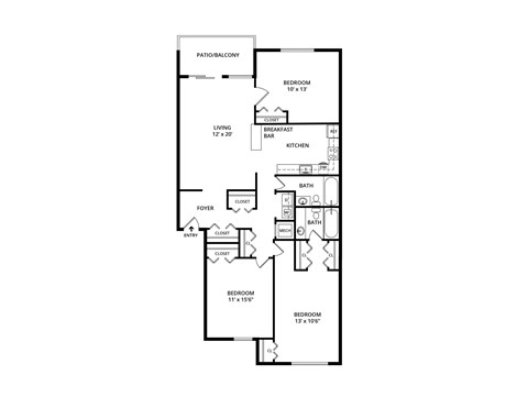 Floor plan for 3 beds, 2 baths, 1209 sqft